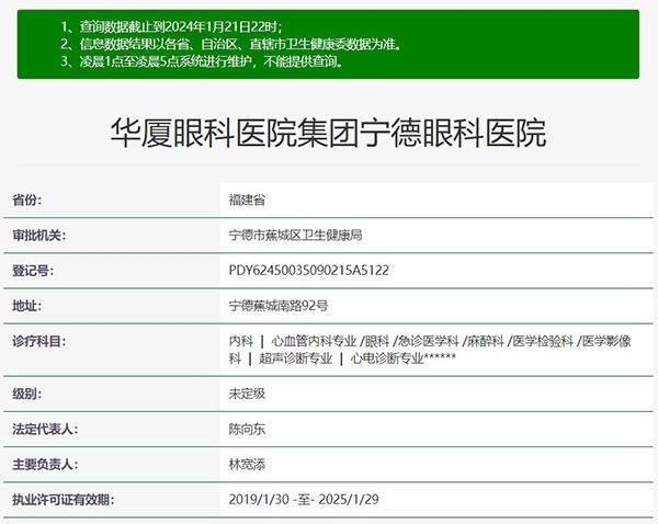 华厦眼科医院集团宁德眼科医院门诊营业时间。