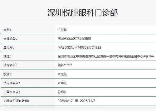深圳悦瞳眼科门诊部门诊营业时间。